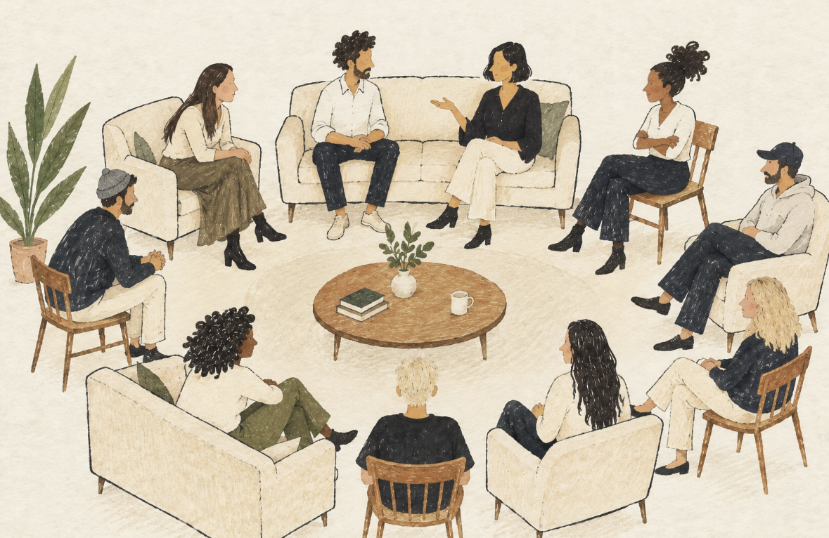 Illustration of a group of people seated in a circle of sofas and chairs around a small table
